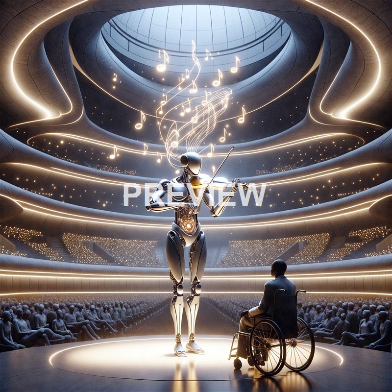 A futuristic robotic humanoid playing a violin on a stage in a large, modern arena filled with an audience and illuminated by swirling lights and musical notes overhead.